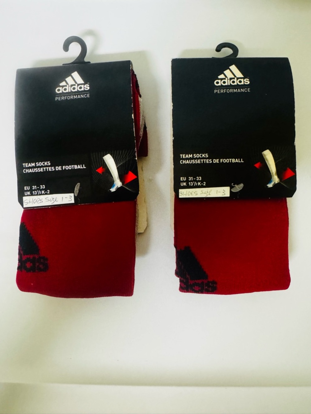 2 pairs , adidas Youth Performance Red Team Athletic Socks
Size 1-3